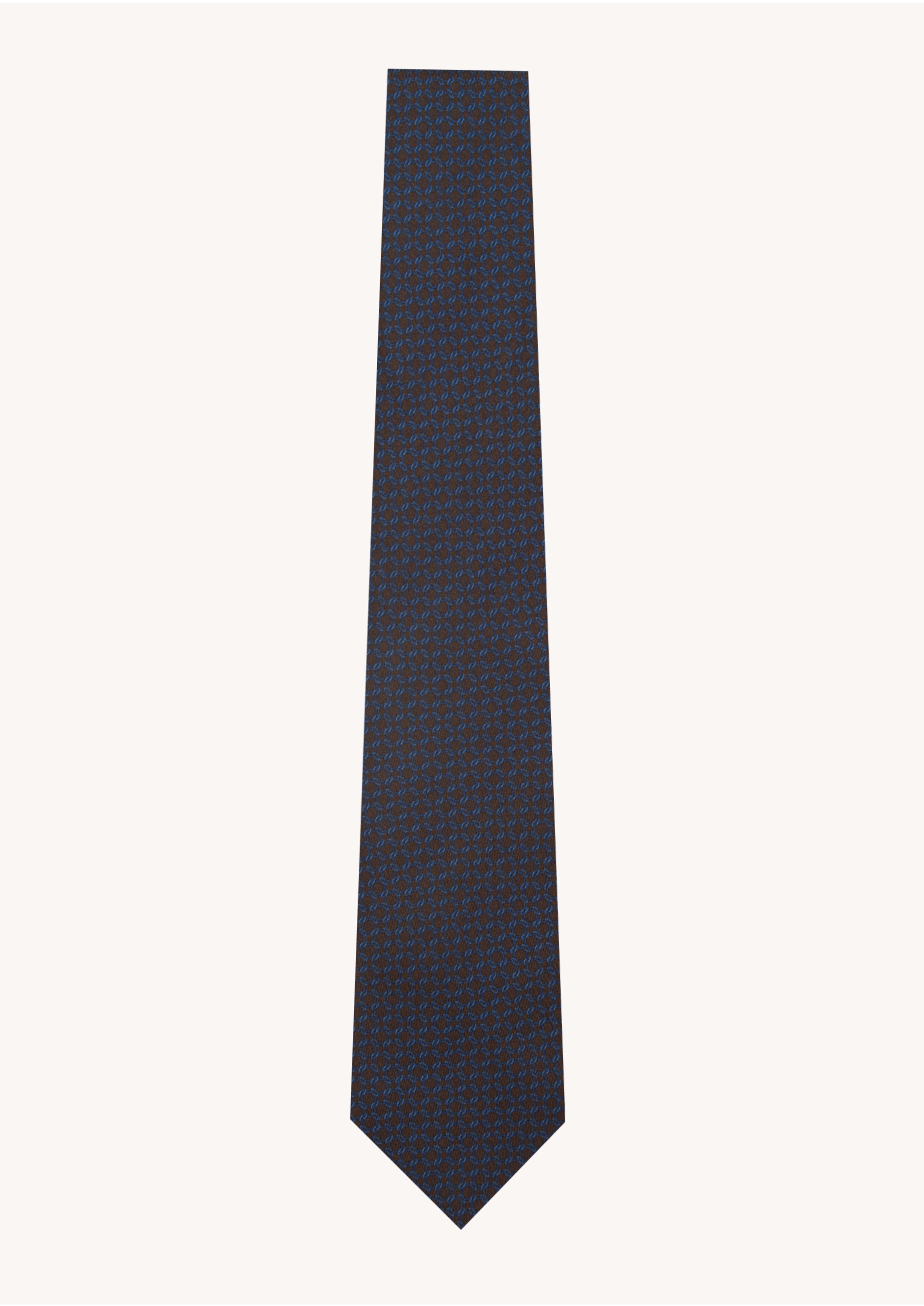Cravate en twill 100% soie, ornée d'un motif géométrique bleu sur fond marron