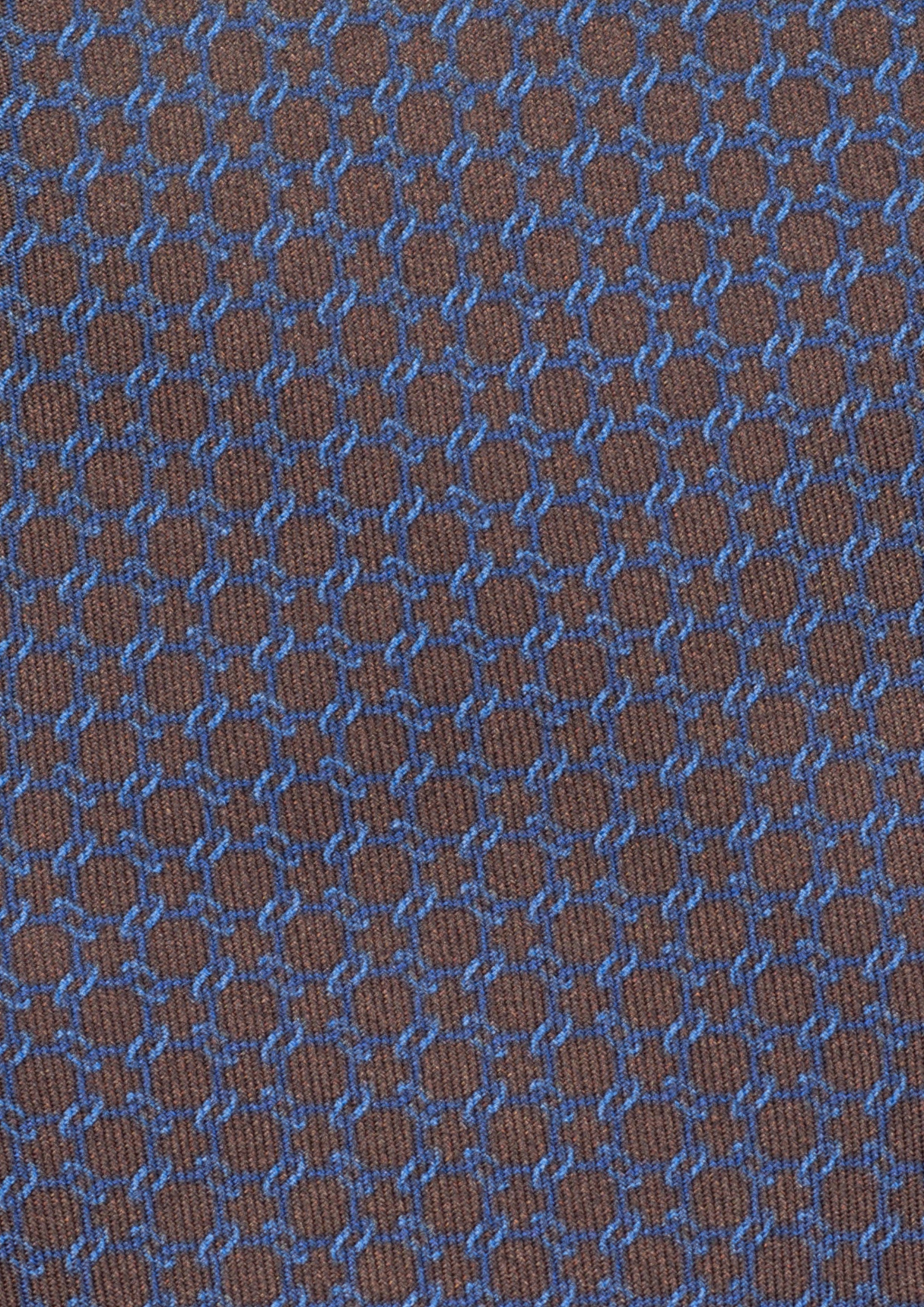 Cravate en twill 100% soie, ornée d'un motif géométrique bleu sur fond marron