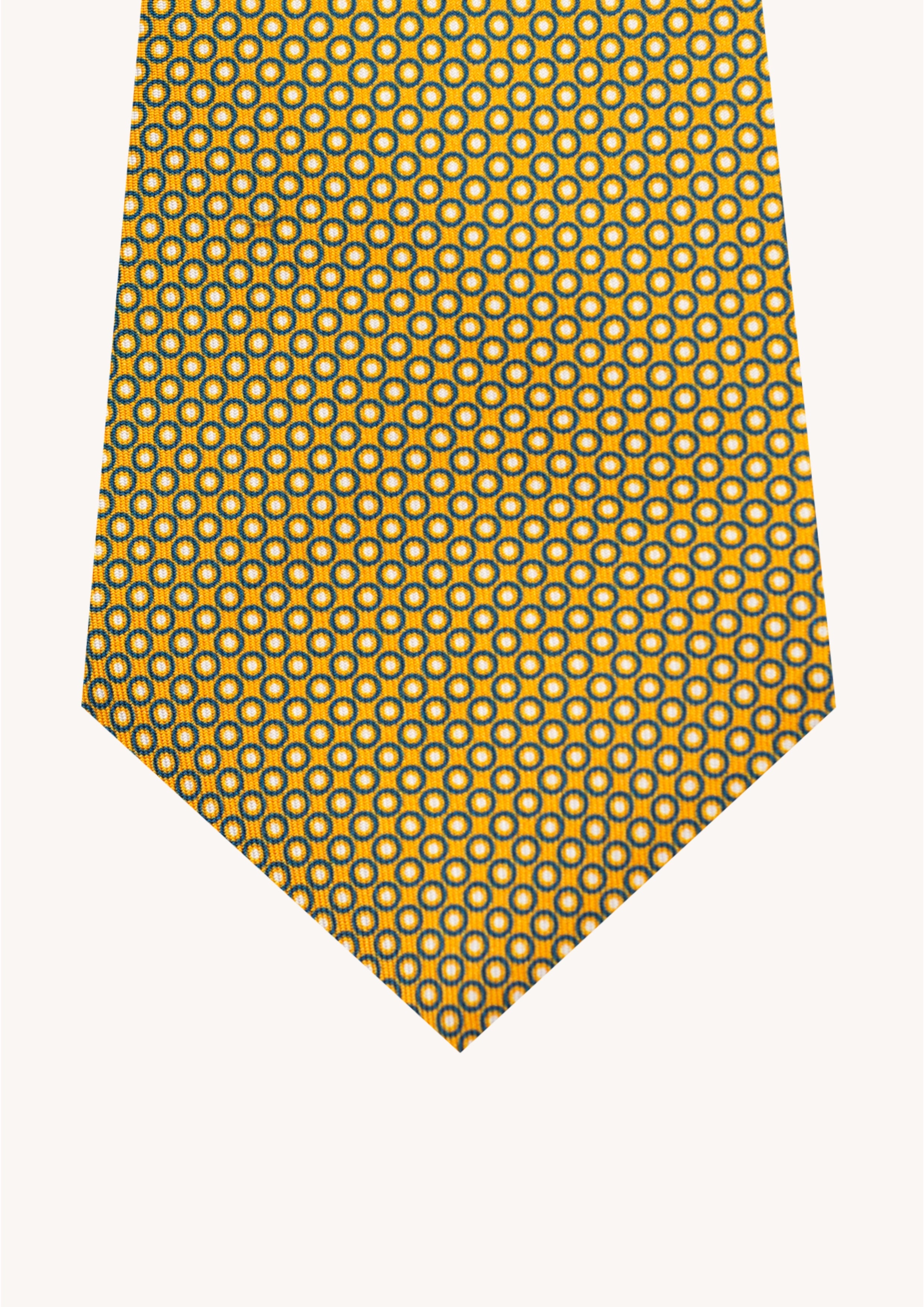 Cravate en twill 100% soie, ornée d'un motif géométrique bleu et blanc sur fond jaune