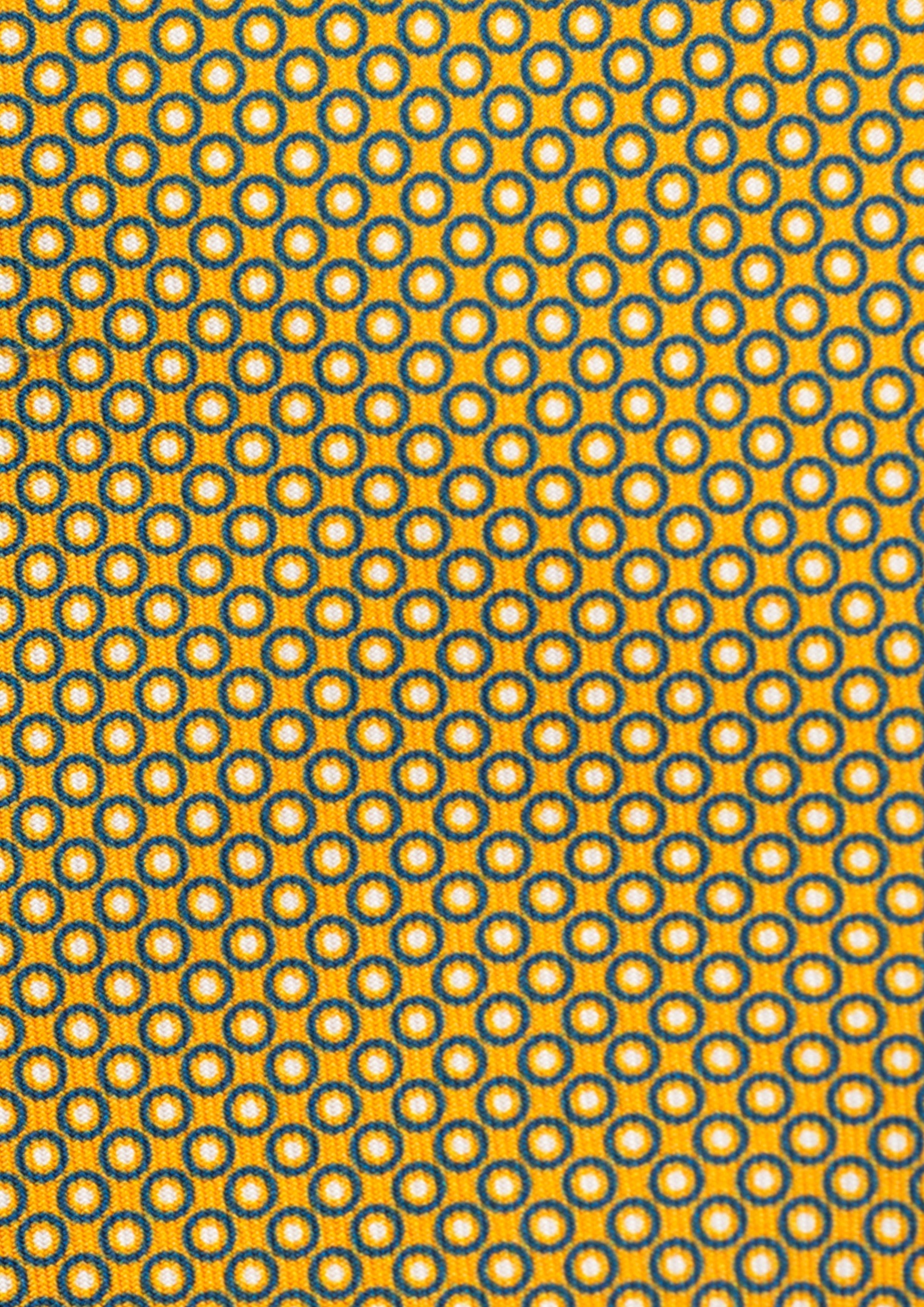 Cravate en twill 100% soie, ornée d'un motif géométrique bleu et blanc sur fond jaune