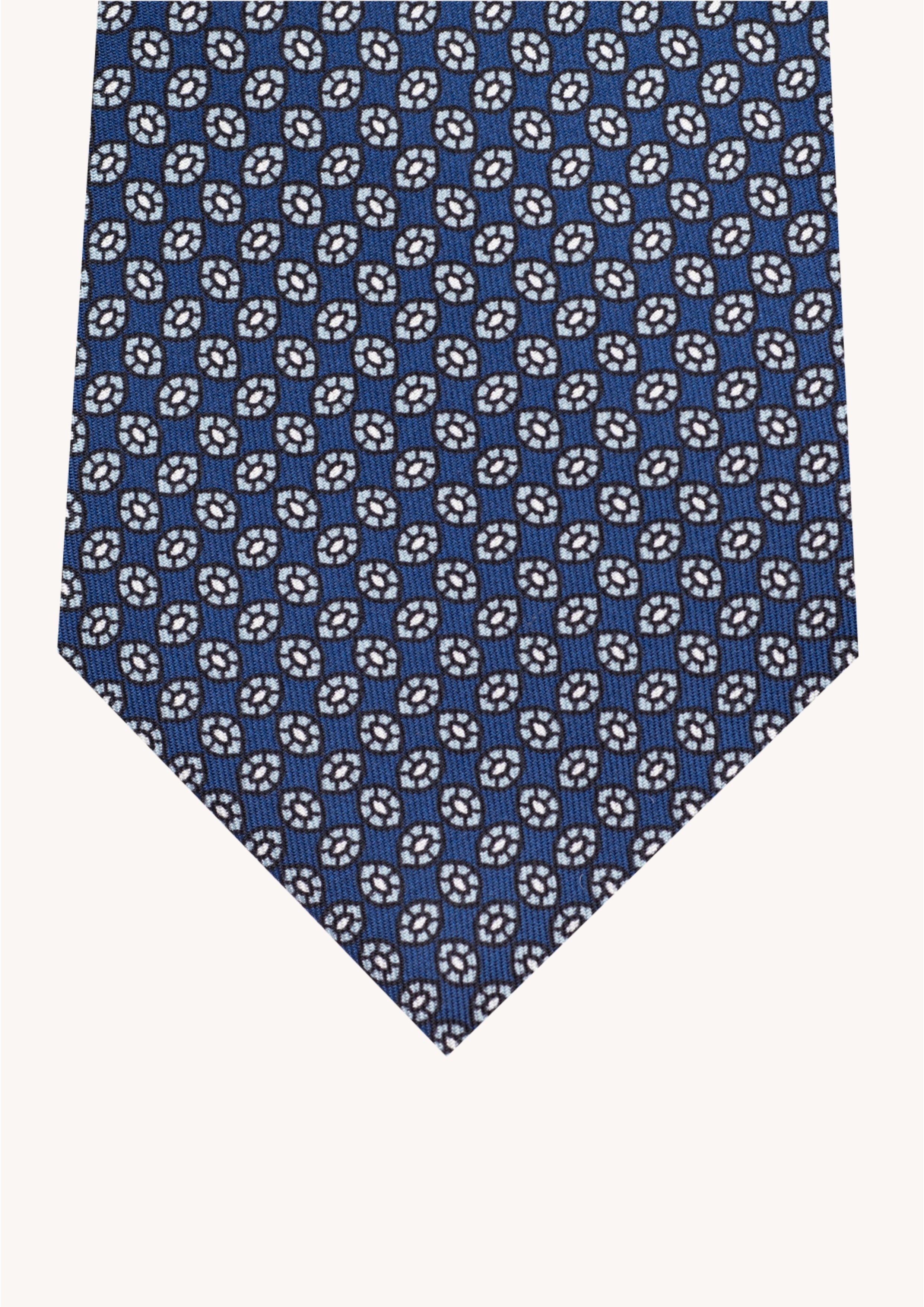 Cravate en twill 100% soie, ornée d'un motif de barquettes blanches sur fond bleu
