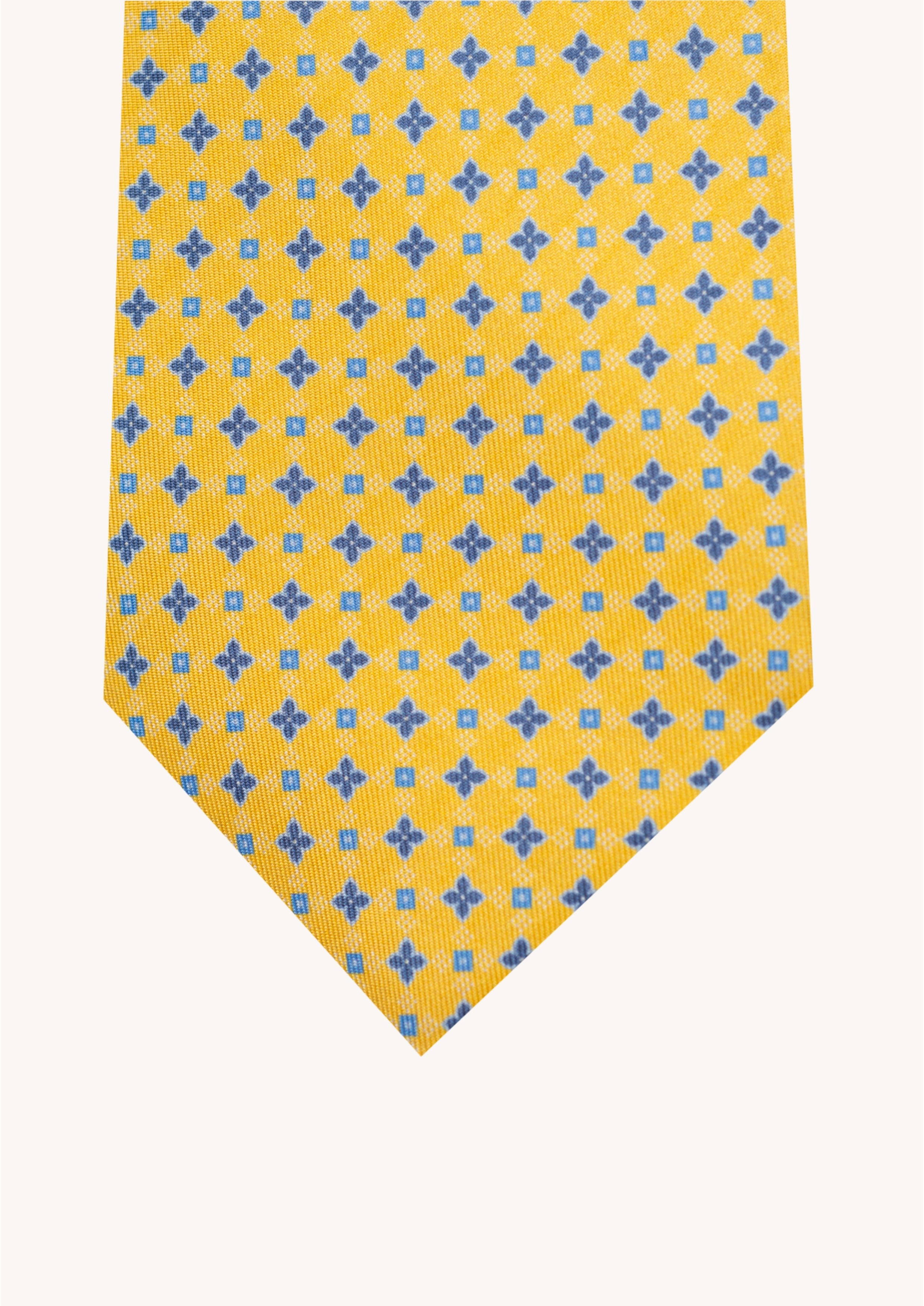 Cravate en twill 100% soie, ornée d'un motif de fleurs bleues sur fond jaune