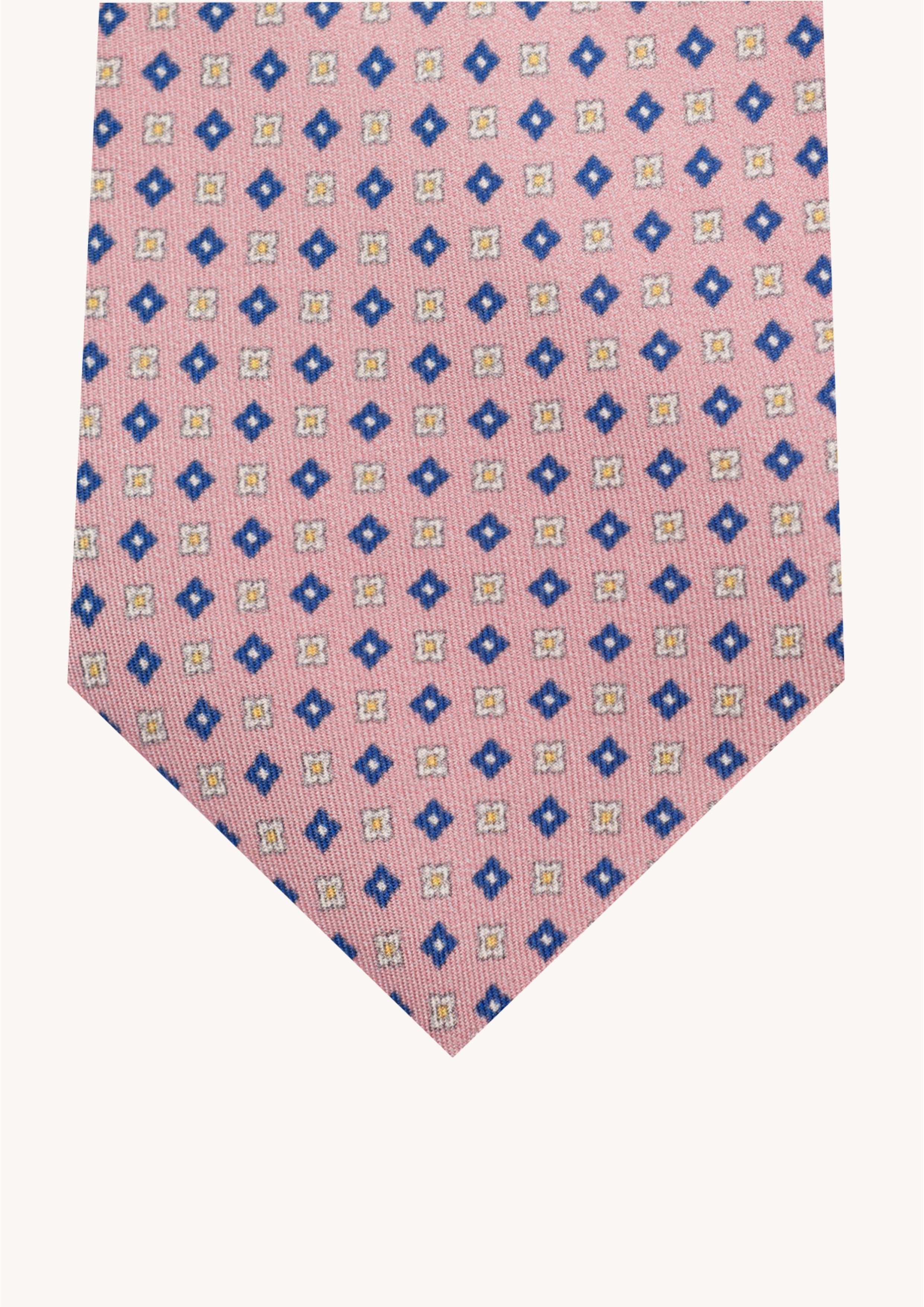 Cravate en twill 100% soie, ornée d’un motif de fleurs bleues et blanches sur fond rose