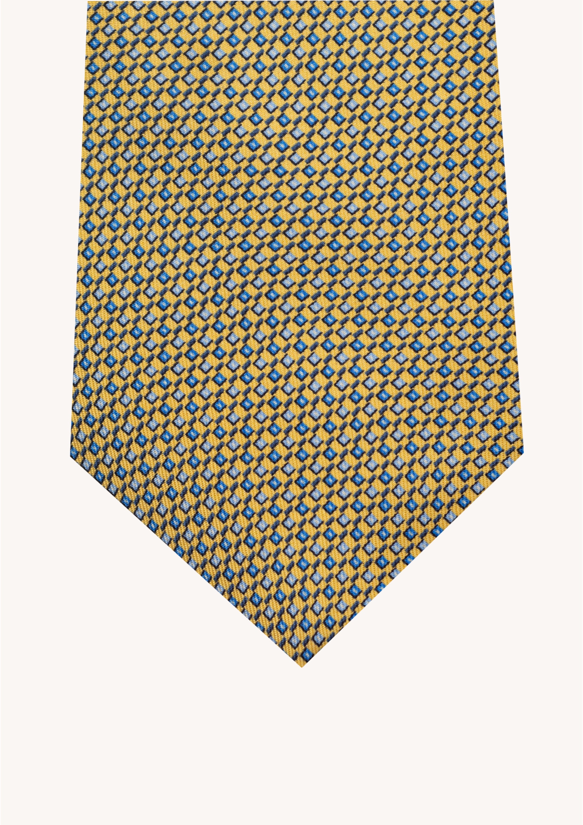 Cravate en twill 100 % soie, ornée d'un motif géométrique bleu sur fond jaune