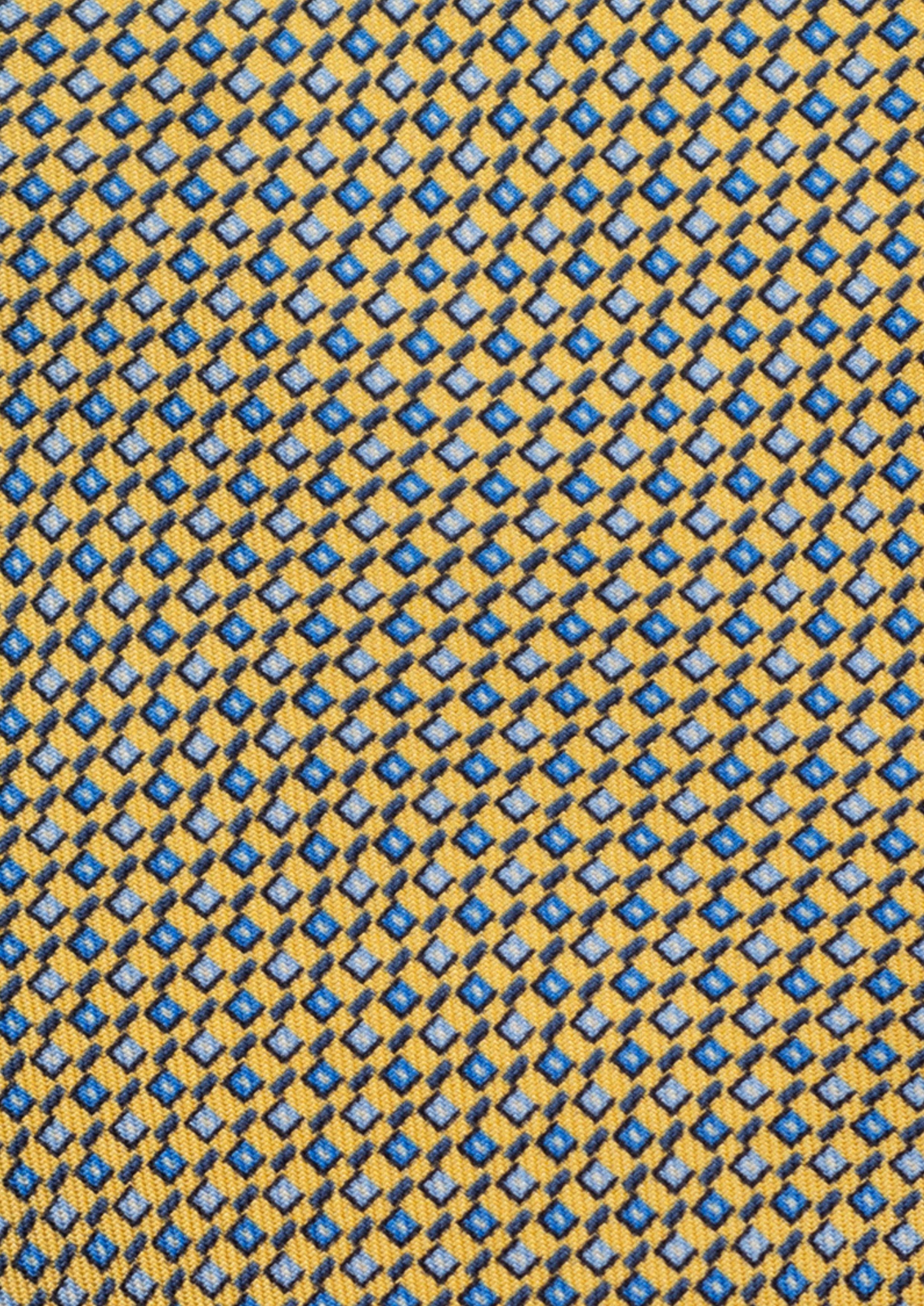 Cravate en twill 100 % soie, ornée d'un motif géométrique bleu sur fond jaune