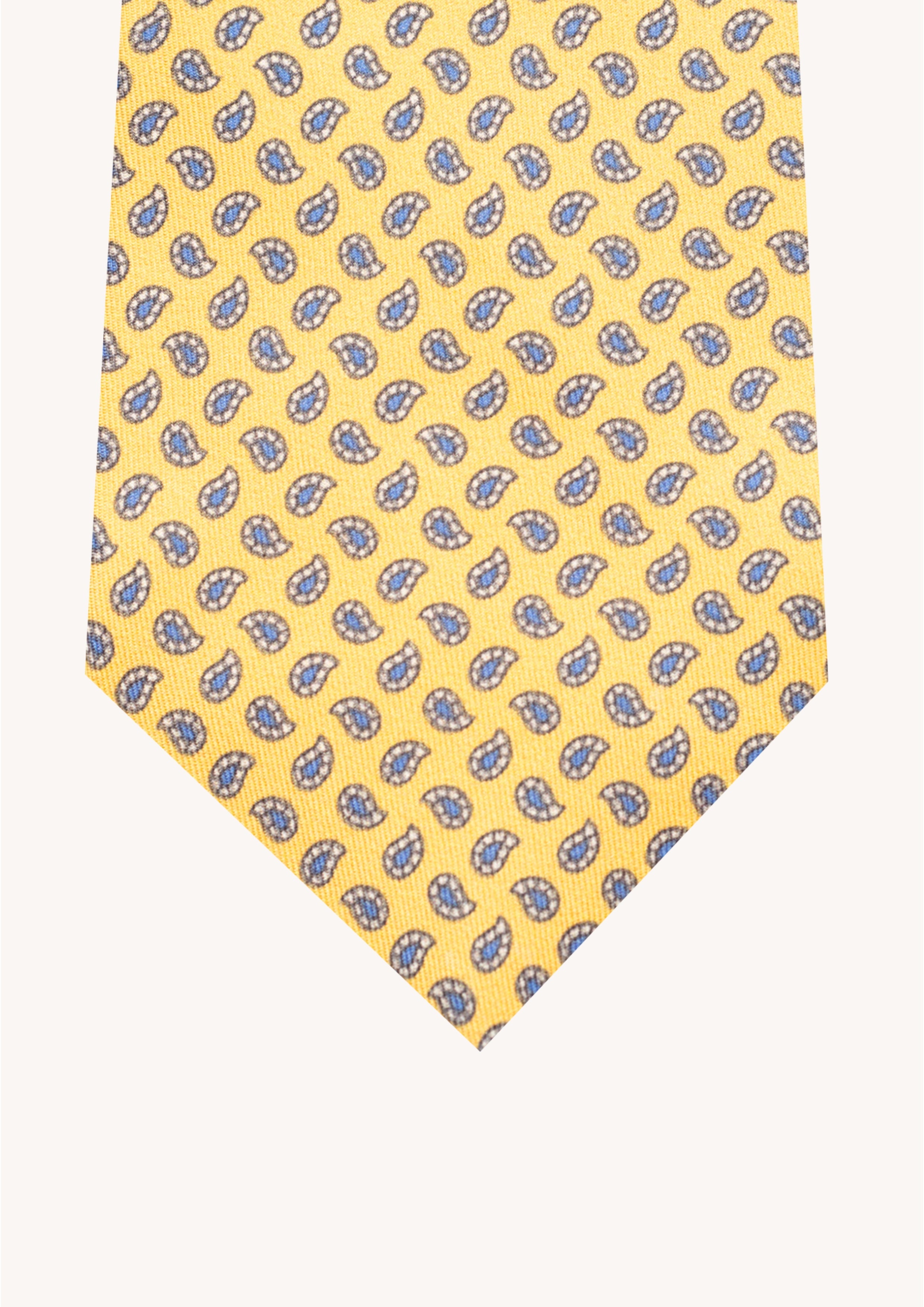 Cravate en twill 100% soie, ornée d'un motif cachemire bleu et blanc sur fond jaune