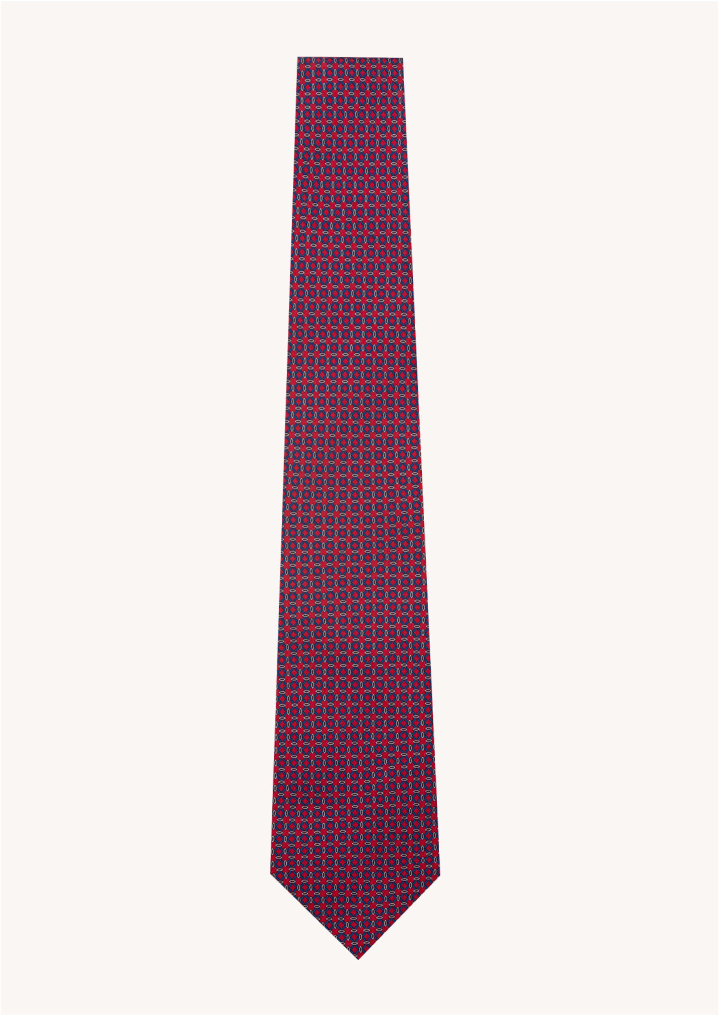 Cravate en twill 100% soie, ornée d'un motif géométrique bleu sur fond rouge