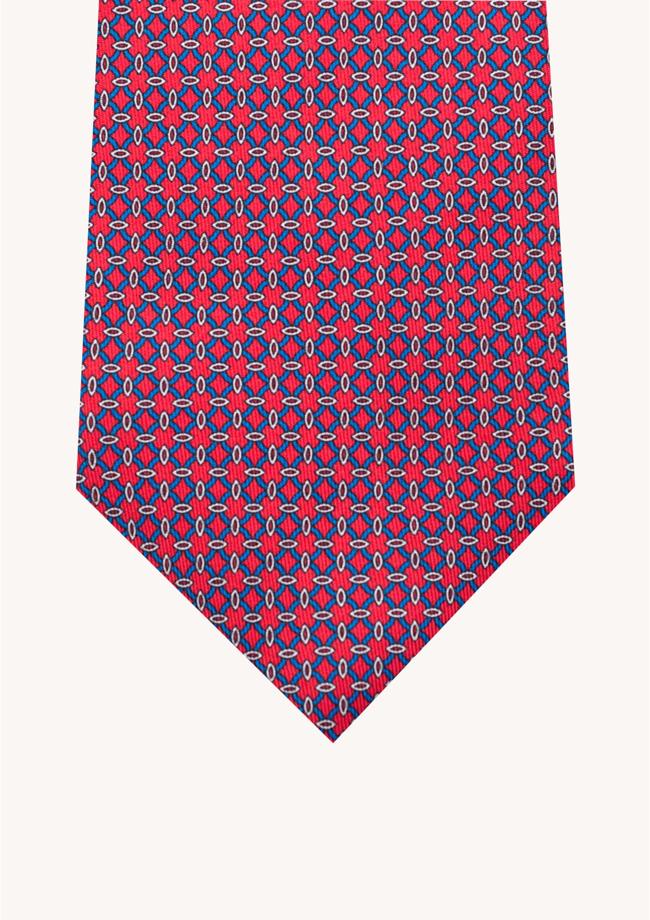 Cravate en twill 100% soie, ornée d'un motif géométrique bleu sur fond rouge
