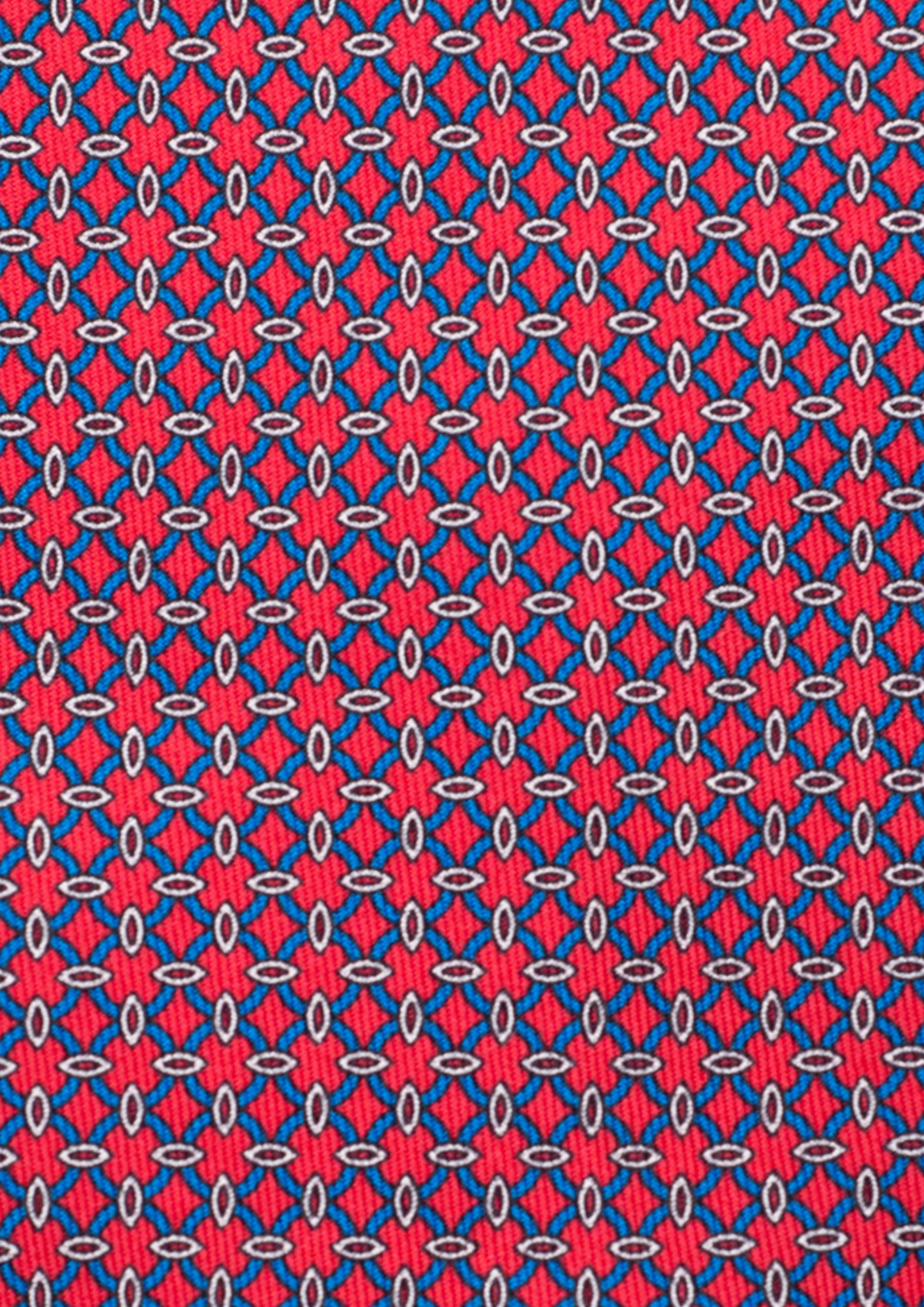 Cravate en twill 100% soie, ornée d'un motif géométrique bleu sur fond rouge