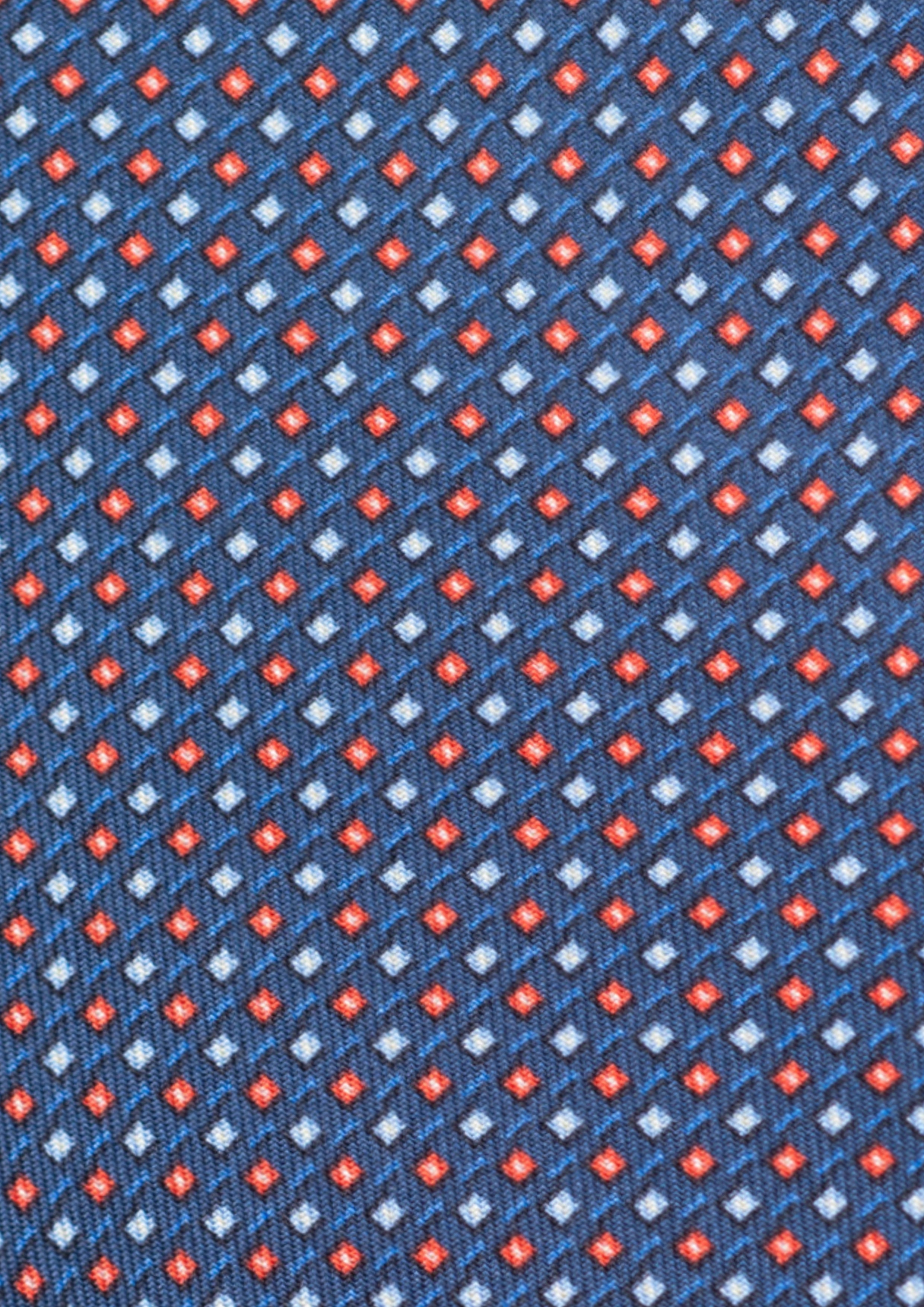 Cravate en twill 100% soie, ornée d'un motif géométrique rouge et bleu sur fond bleu