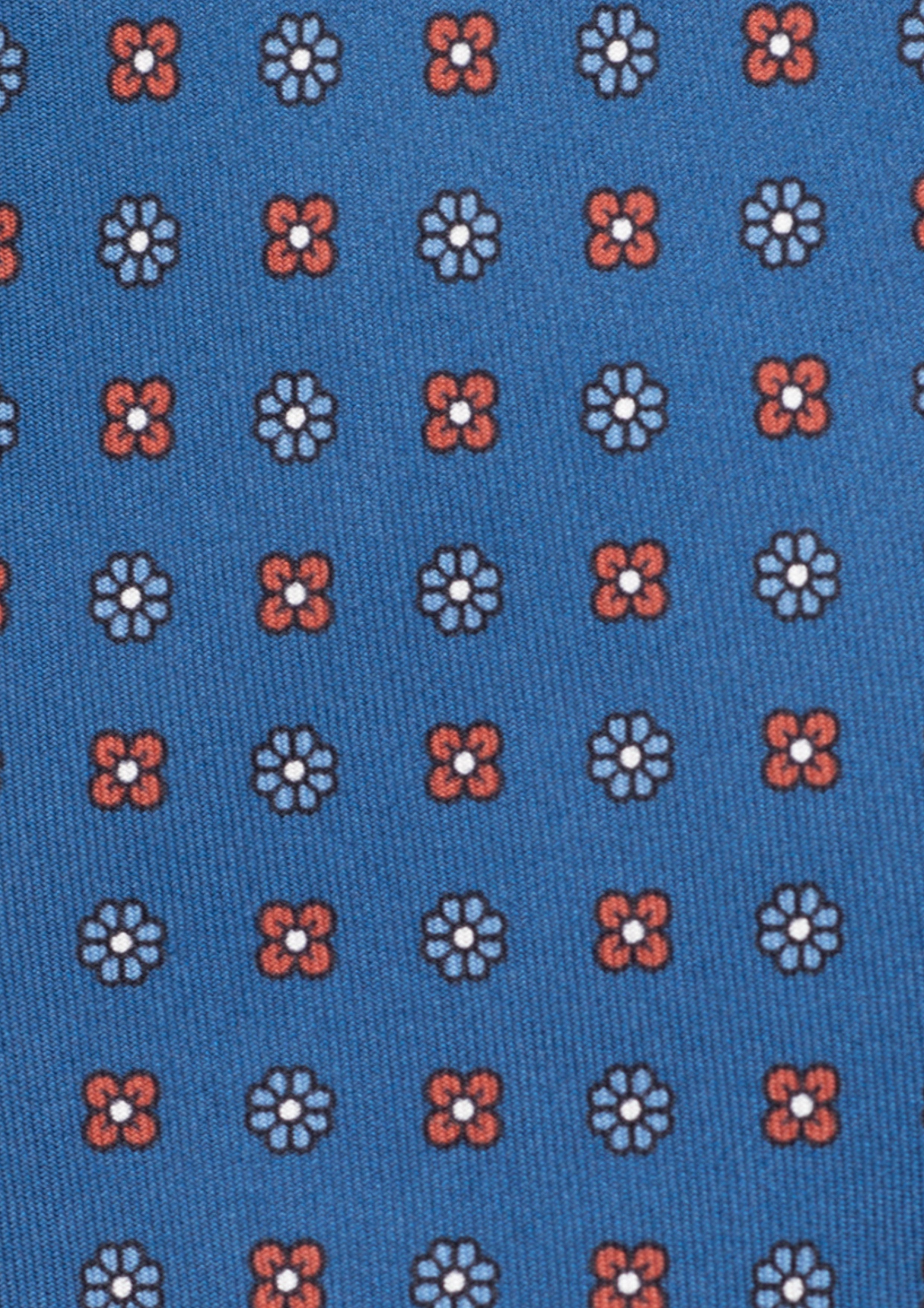 Cravate en twill 100% soie, ornée d'un motif de fleurs bleues et rouges sur fond bleu