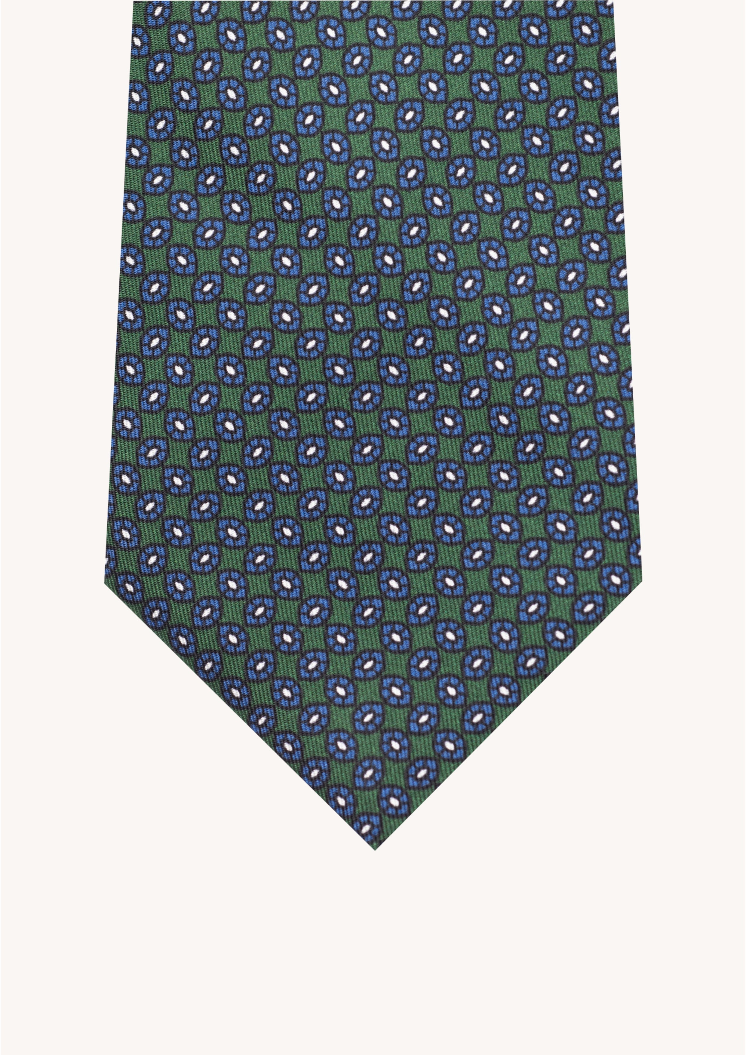 Cravate en twill 100% soie, ornée d'un motif barquette bleu et blanc sur fond vert anglais