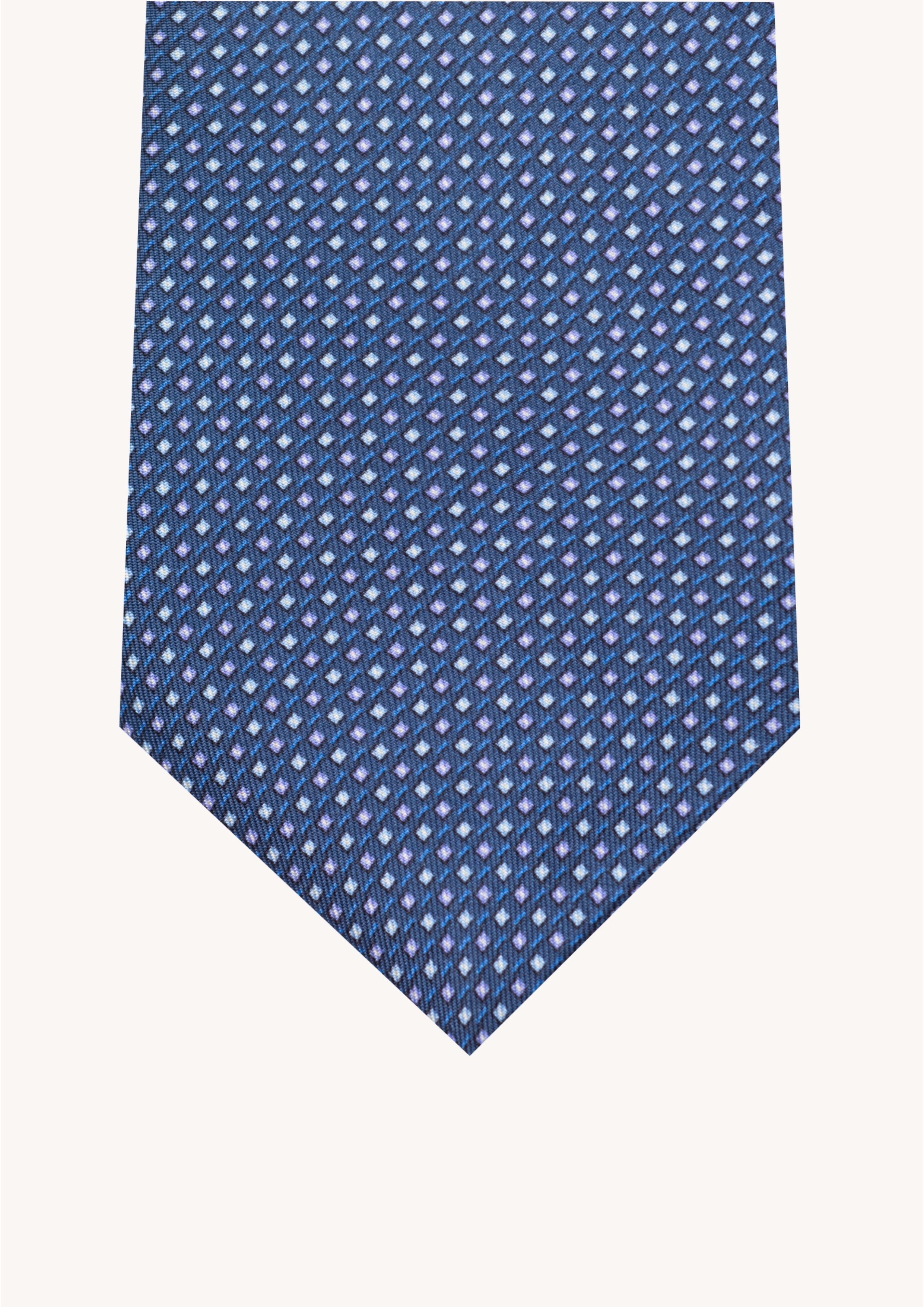 Cravate en twill 100% soie, ornée d'un motif géométrique bleu et blanc sur fond bleu
