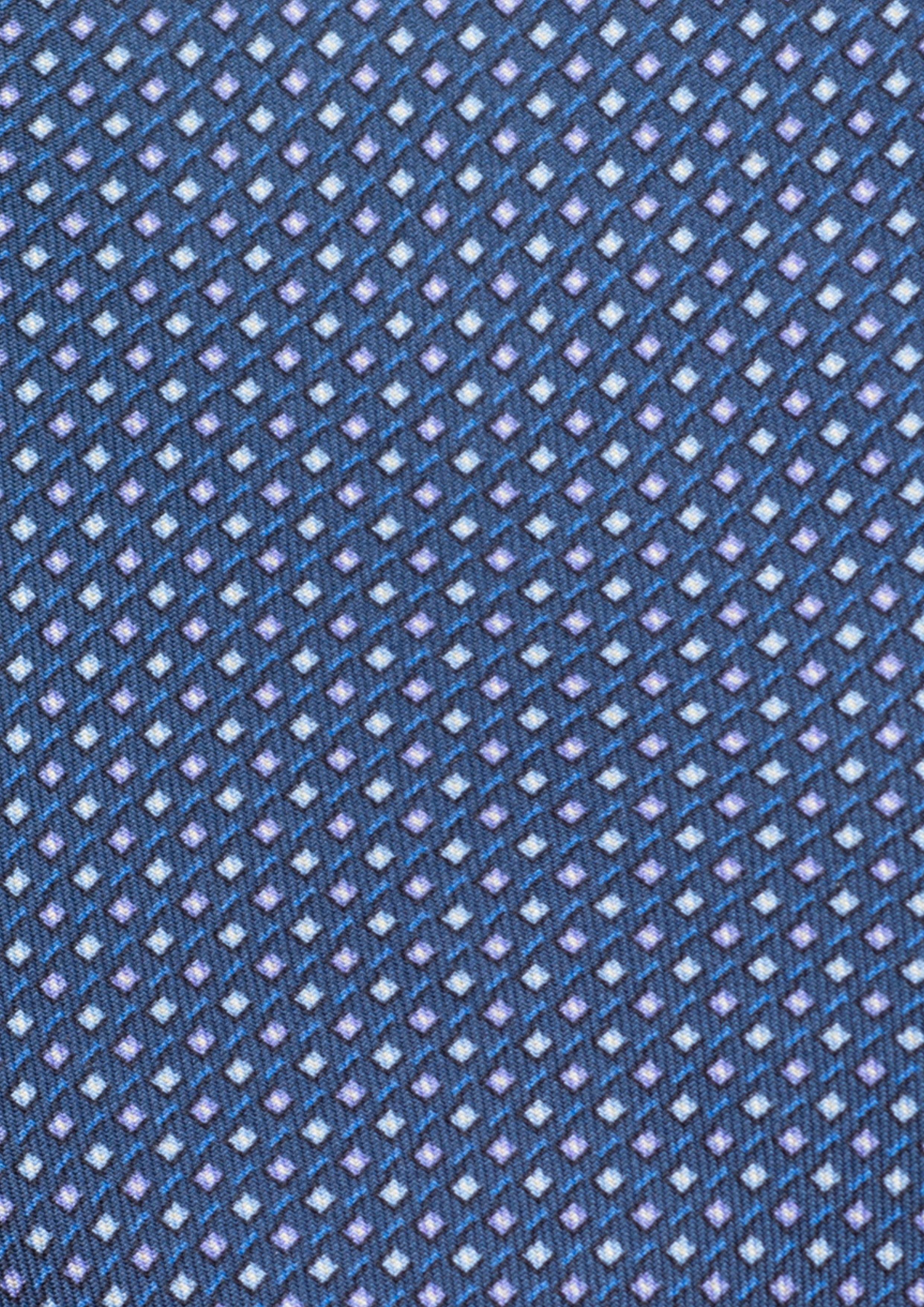 Cravate en twill 100% soie, ornée d'un motif géométrique bleu et blanc sur fond bleu