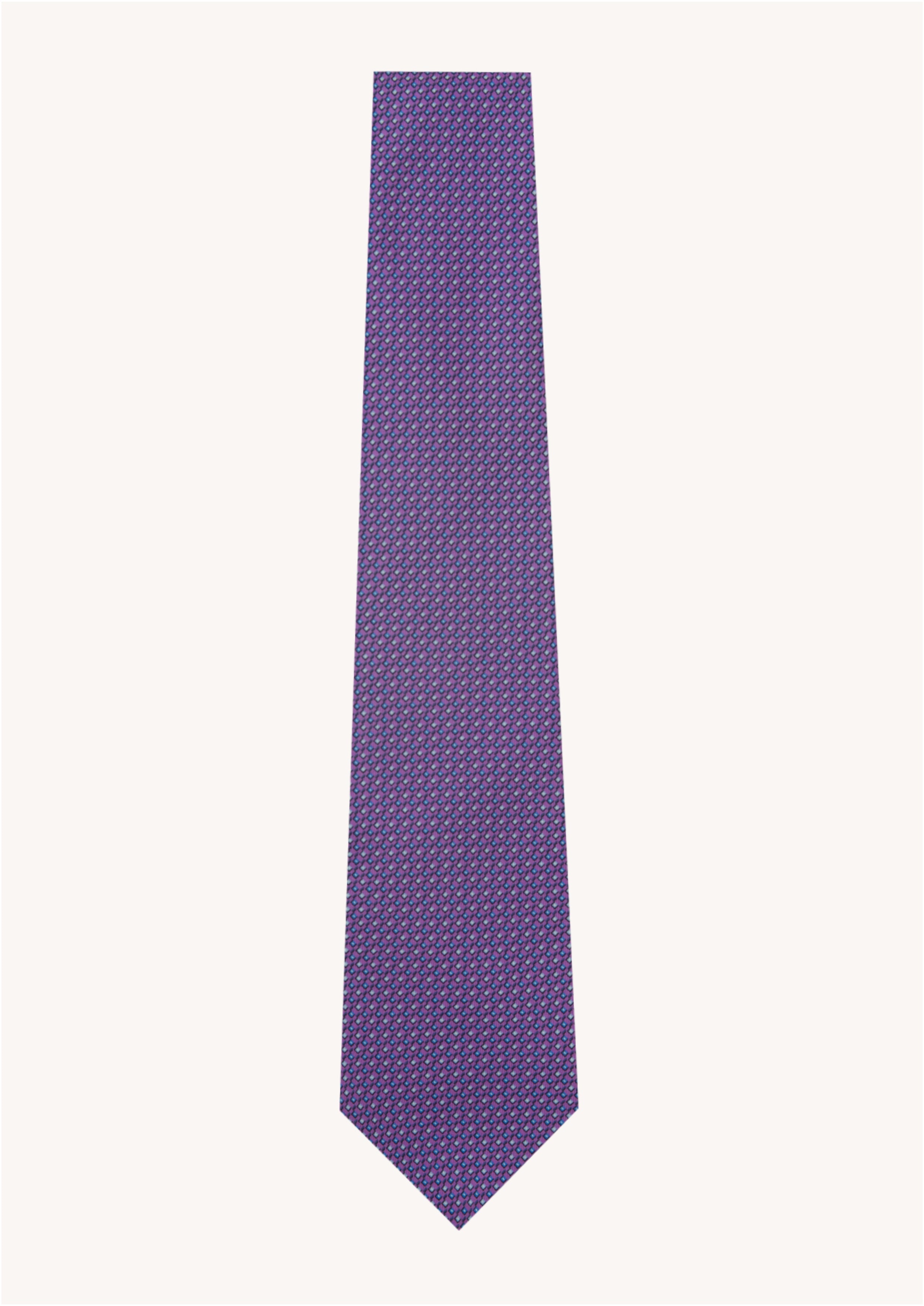 Cravate en twill 100% soie, ornée d'un motif géométrique bleu et jaune sur fond violet