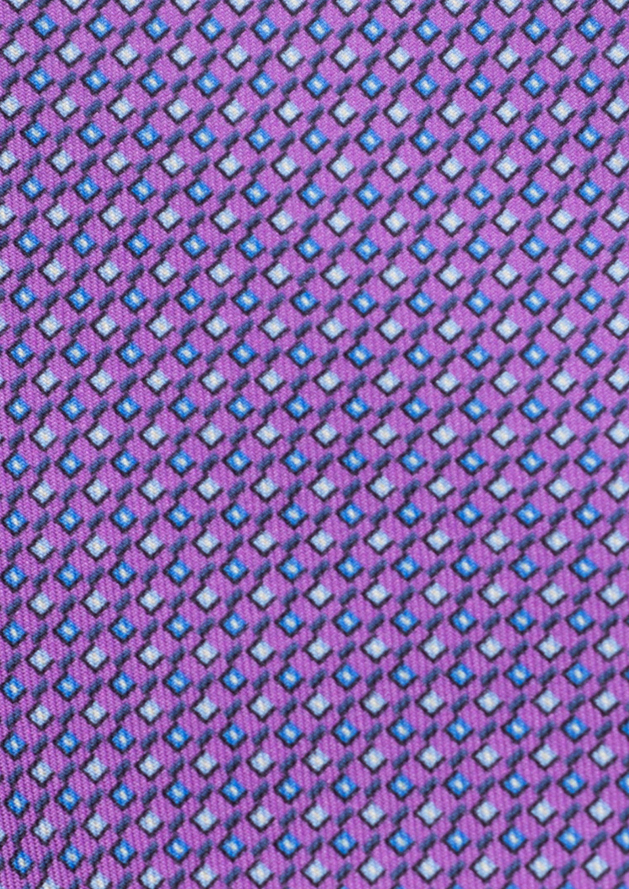 Cravate en twill 100% soie, ornée d'un motif géométrique bleu et jaune sur fond violet