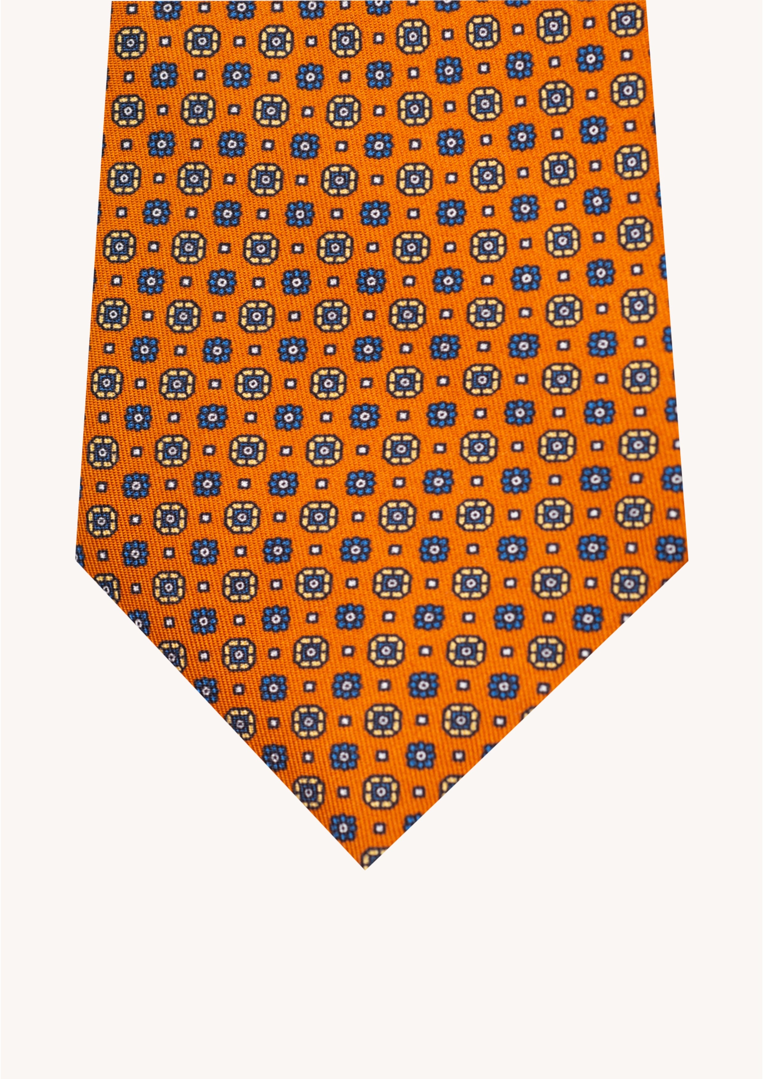 Cravate en twill 100% soie, ornée d'un motif de fleurs bleu et jaune sur fond orange