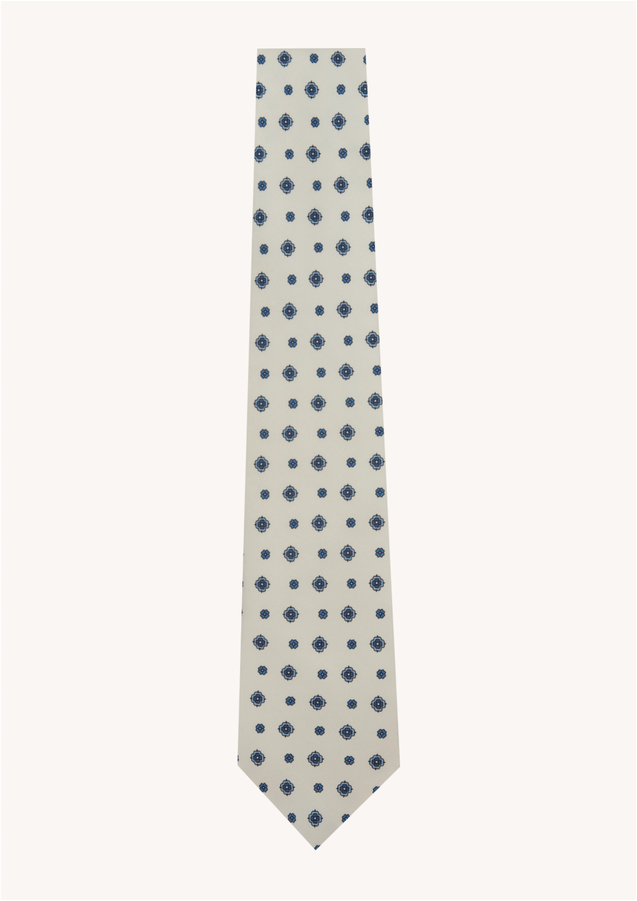 Cravate en twill 100% soie, ornée d'un motif de fleurs bleues sur fond blanc