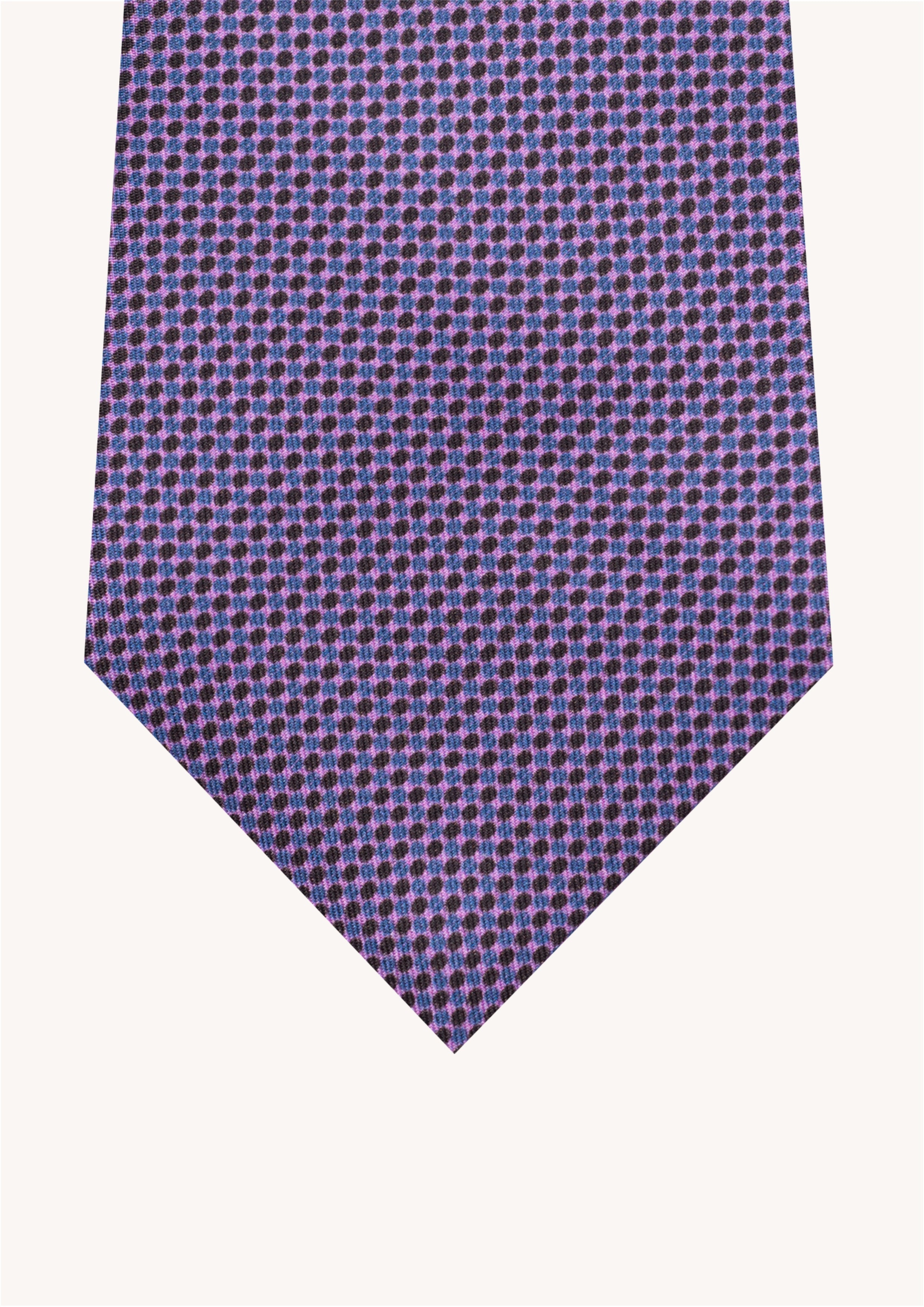 Cravate en twill 100% soie, ornée d'un motif de points bleus et violets sur fond rose