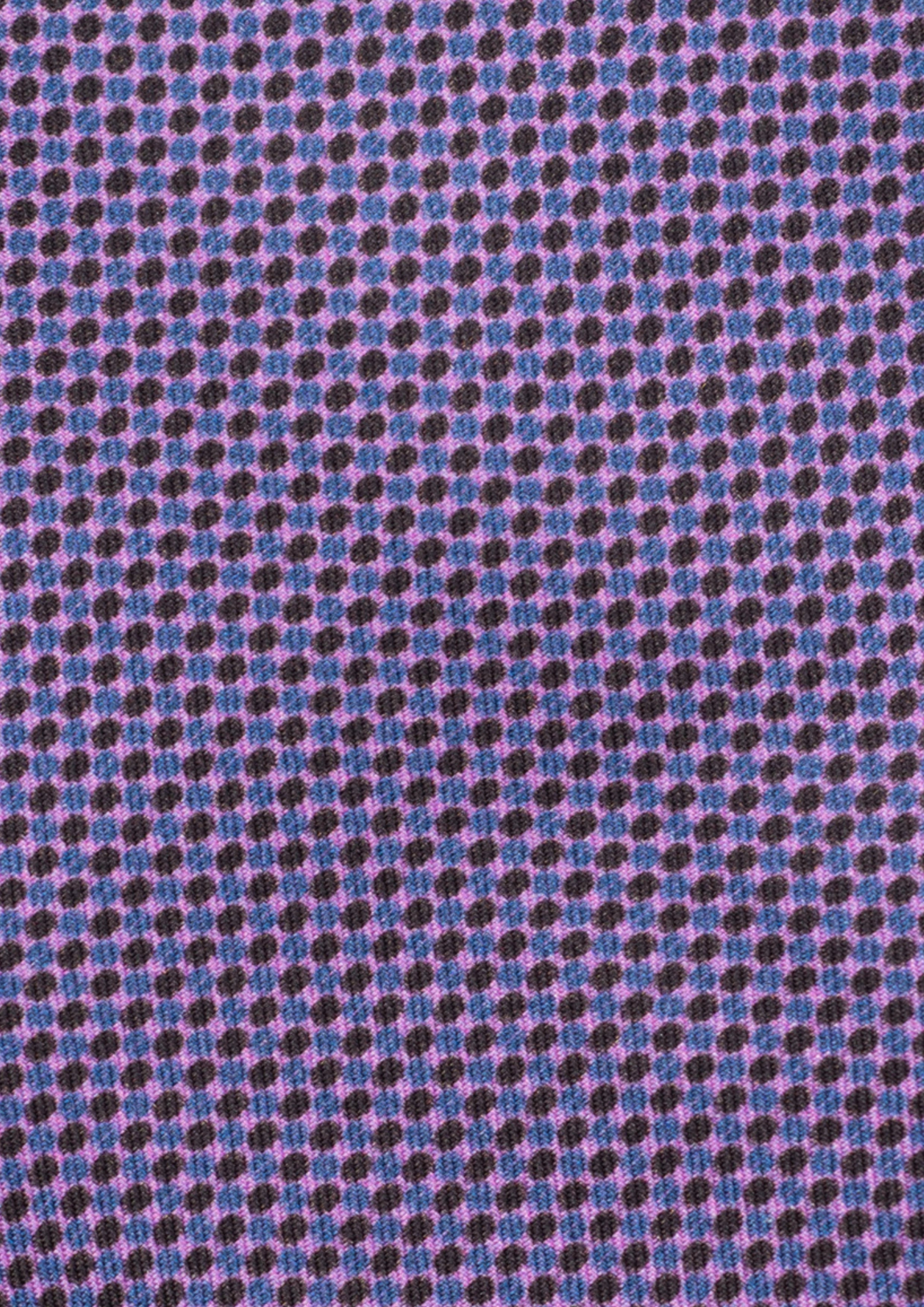 Cravate en twill 100% soie, ornée d'un motif de points bleus et violets sur fond rose