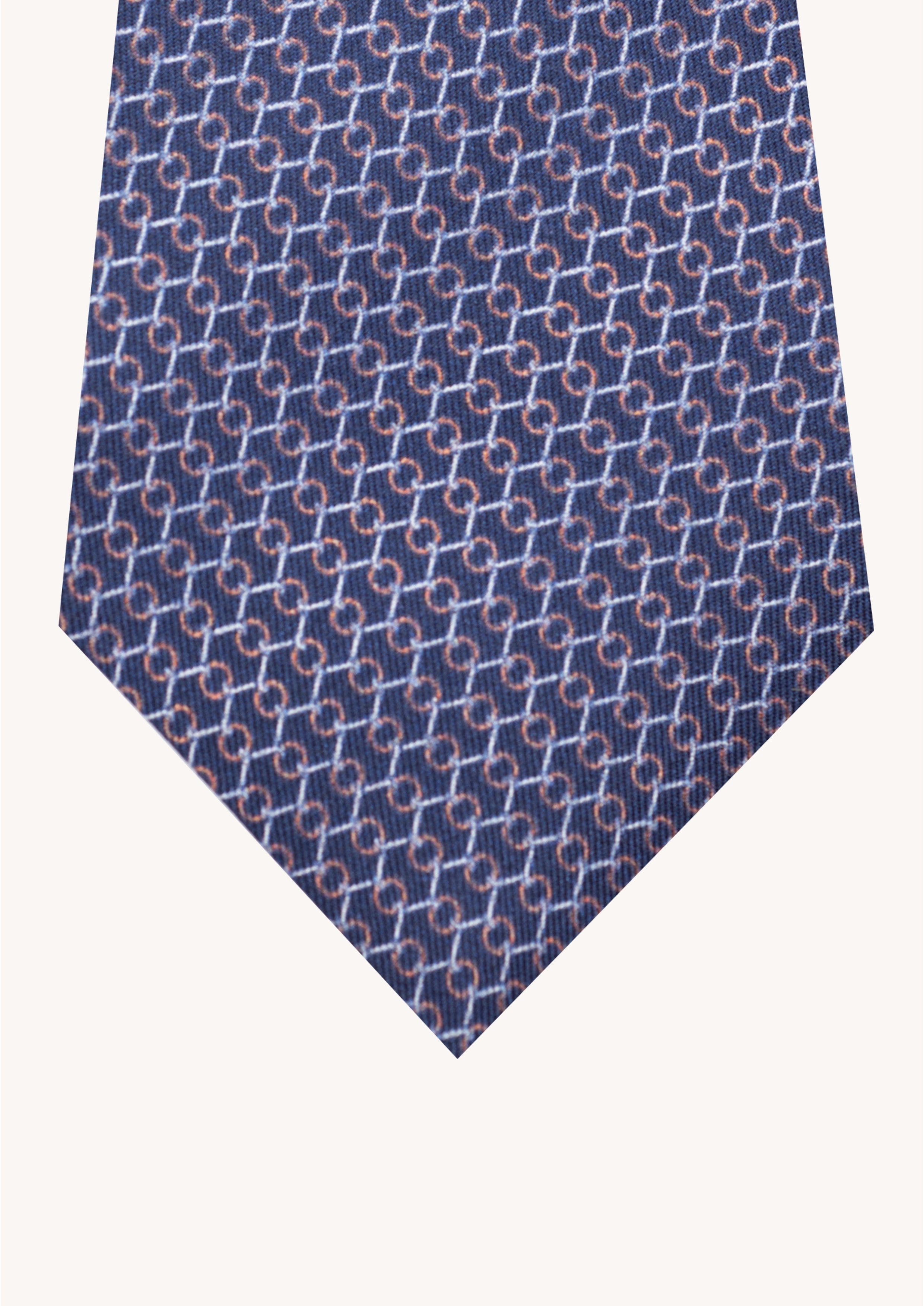 Cravate en twill 100% soie, ornée d'un motif géométrique orange et blanc sur fond bleu