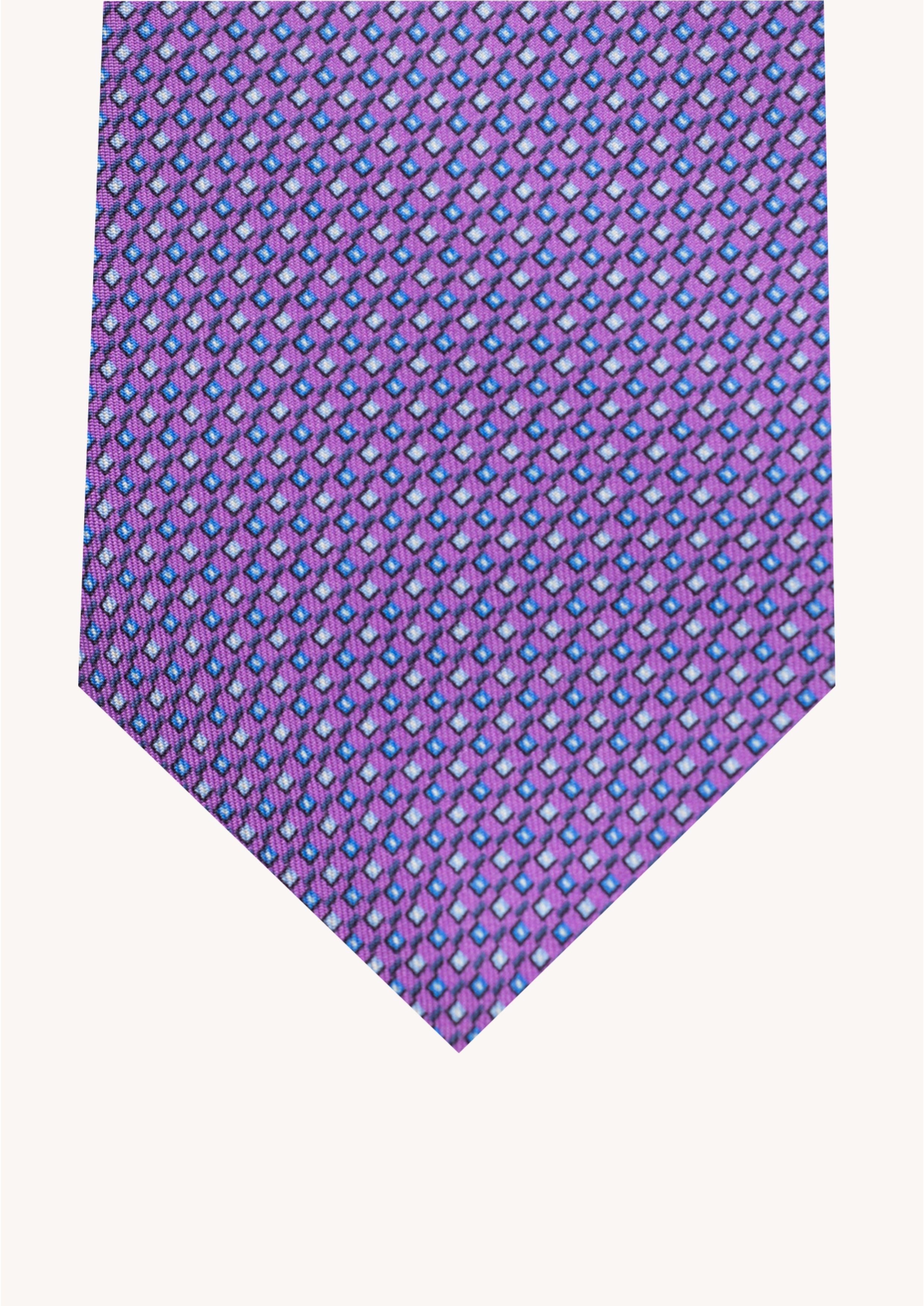 Cravate en twill 100% soie, ornée d'un motif géométrique bleu et jaune sur fond violet